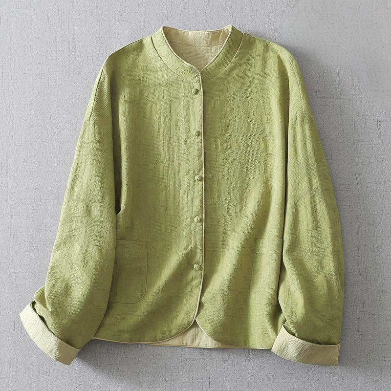 Buddha Stones Women's Plain Jacquard Stand Collar Long Sleeve Cotton Linen Jacket With Pockets