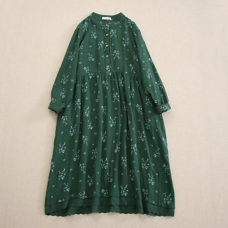 Buddha Stones Spring Small Floral Print Buttons Design Crew Neck Long Sleeve Midi Dress With Pockets