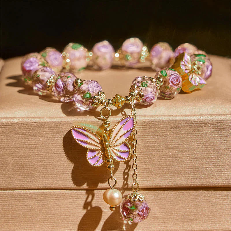 FREE Today: Love and Freedom Double Butterflies Charm Flower Liuli Glass Beaded Bracelet