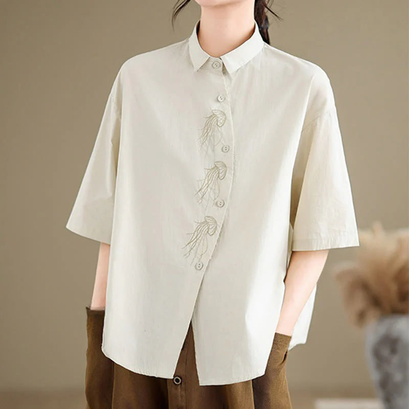 Buddha Stones Casual Women's Embroidered Jellyfish Pattern Stand Collar Buttons Design Half Sleeve Cotton Shirt
