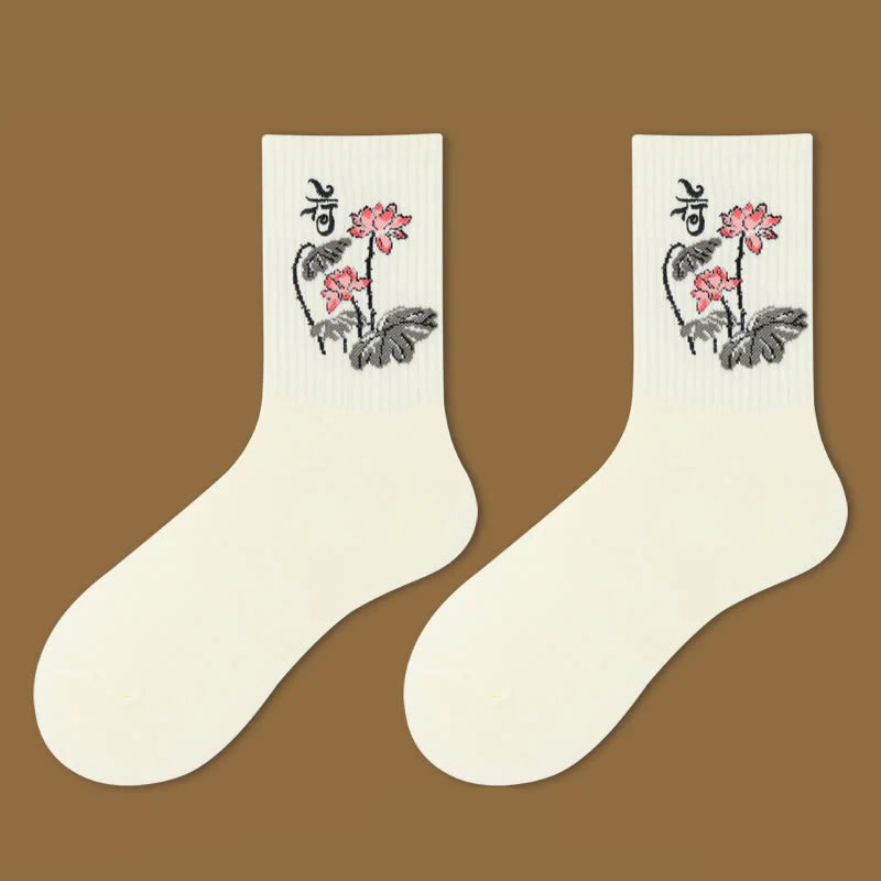 Buddha Stones Casual Lotus Pavilion Deer Peaceful Character Swallows Micro Crew Women's Socks