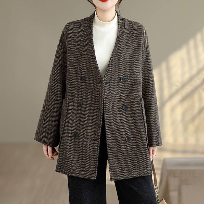 Buddha Stones Stripe V-Neck Cotton Long Sleeve Women's Coat With Pockets