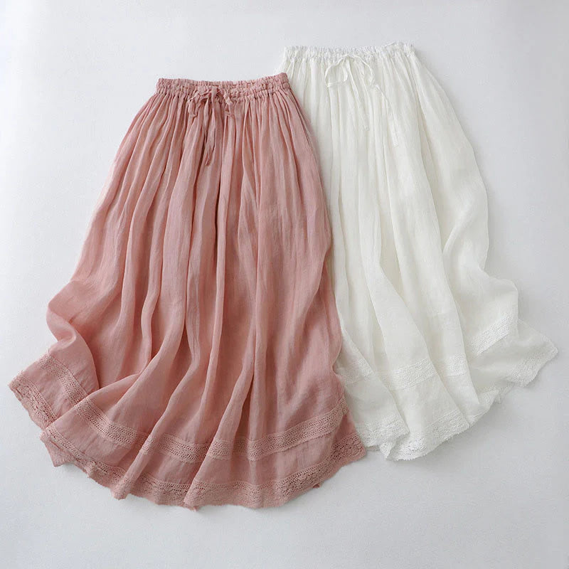Buddha Stones Solid Lace Elastic Waist Cotton Women's Skirt