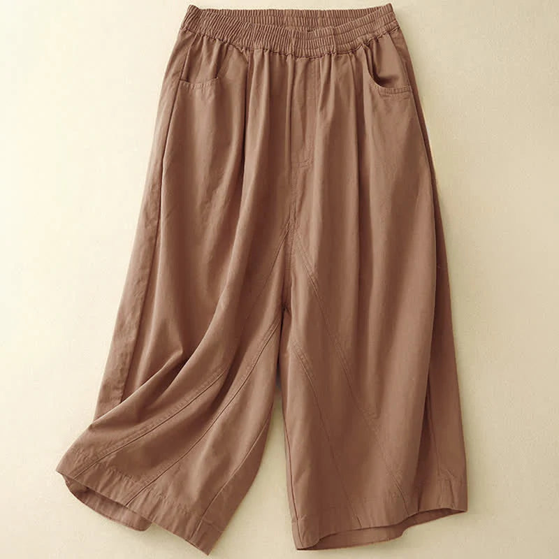 Buddha Stones Summer Cotton Elastic Waist Women's Half Pants With Pockets