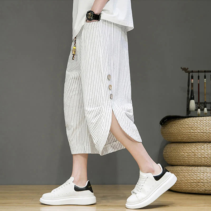 Buddha Stones Casual White Stripes Pattern Drawstring Button Design Men's Cotton Cropped Harem Pants With Pockets