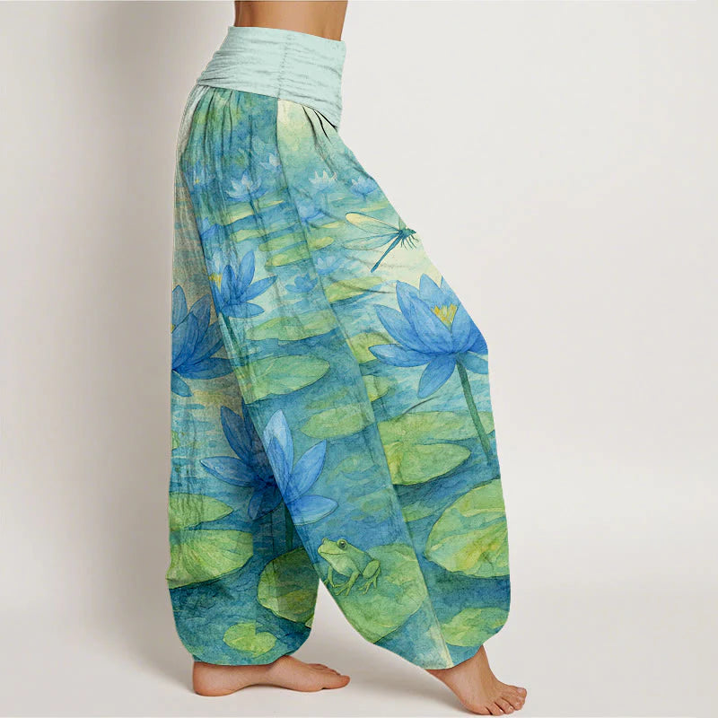 Buddha Stones Pure Cotton Fresh Elegant Lotus Flower Leaf Dragonfly Frog Pattern Women's Elastic Waist Harem Pants