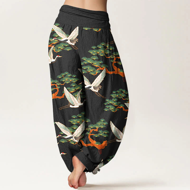 Buddha Stones Print Pine Tree Crane Pattern Pure Cotton Women's Elastic Waist Harem Pants