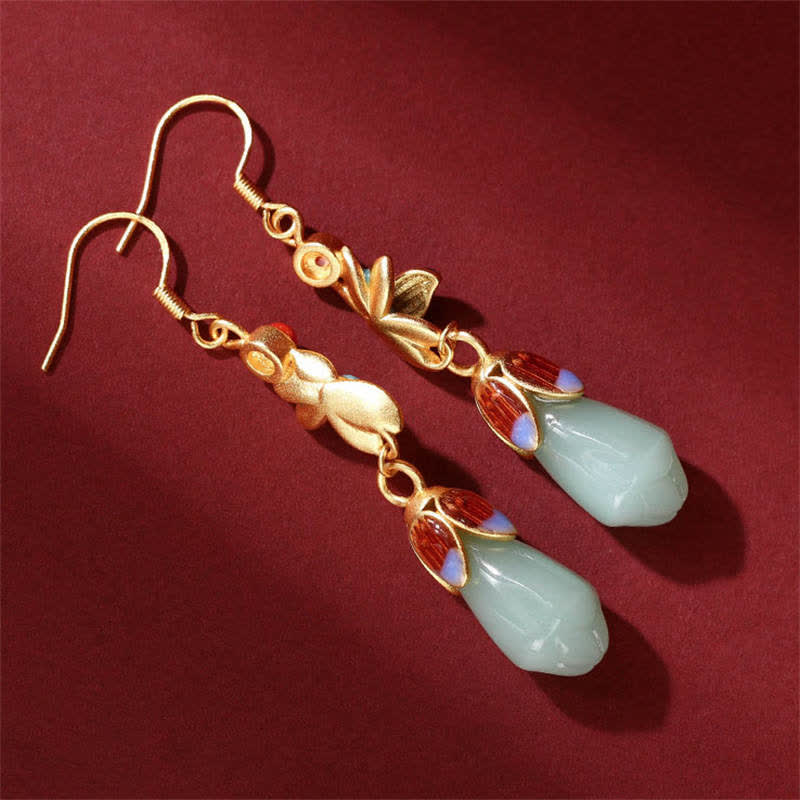 Buddha Stones Magnolia Flower Jade Pattern Luck Prosperity Drop Dangle Earrings