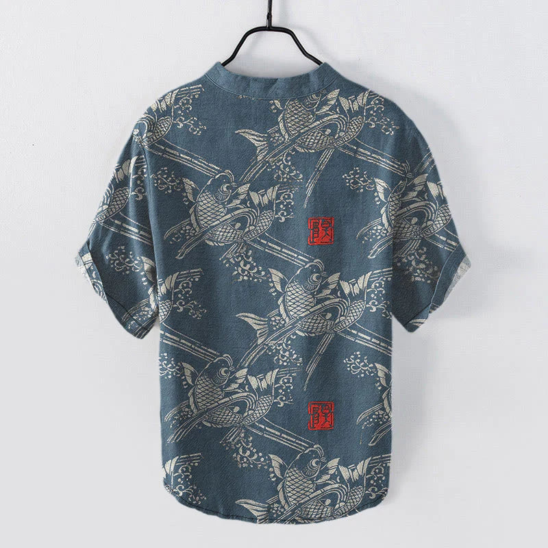 Buddha Stones Cotton Koi Fish Bamboo Pattern Men's Short Sleeve Half Button Shirt