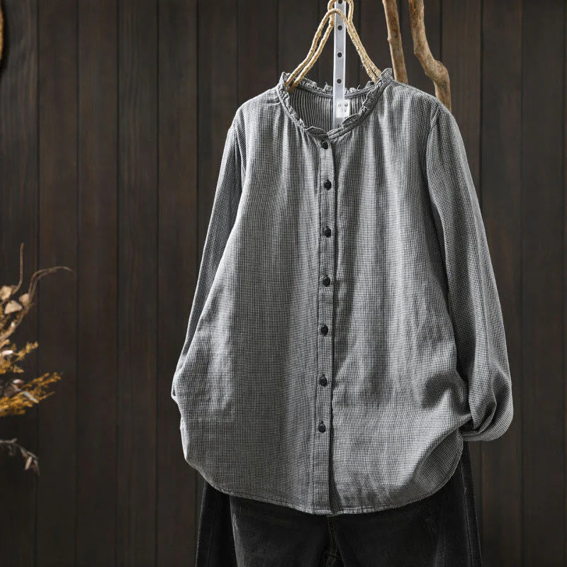 Buddha Stones Fall Small Plaid Button Down Ruffle Collar Long Sleeve Women's Cotton Shirt