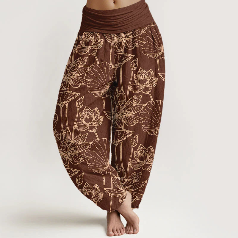 Buddha Stones Cotton Elegant Refined Lotus Flower Leaf Pattern Women's Elastic Waist Harem Pants