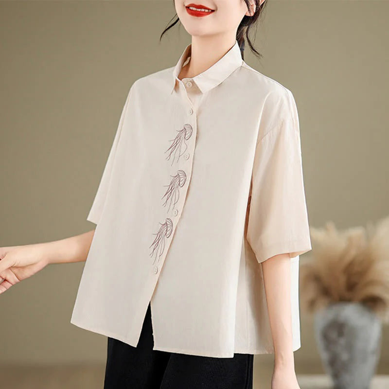 Buddha Stones Casual Women's Embroidered Jellyfish Pattern Stand Collar Buttons Design Half Sleeve Cotton Shirt
