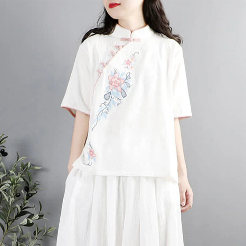 Buddha Stones Summer Flower Embroidery Half Sleeve Frog-Button Mandarin Collar Cotton Linen Women's Shirt
