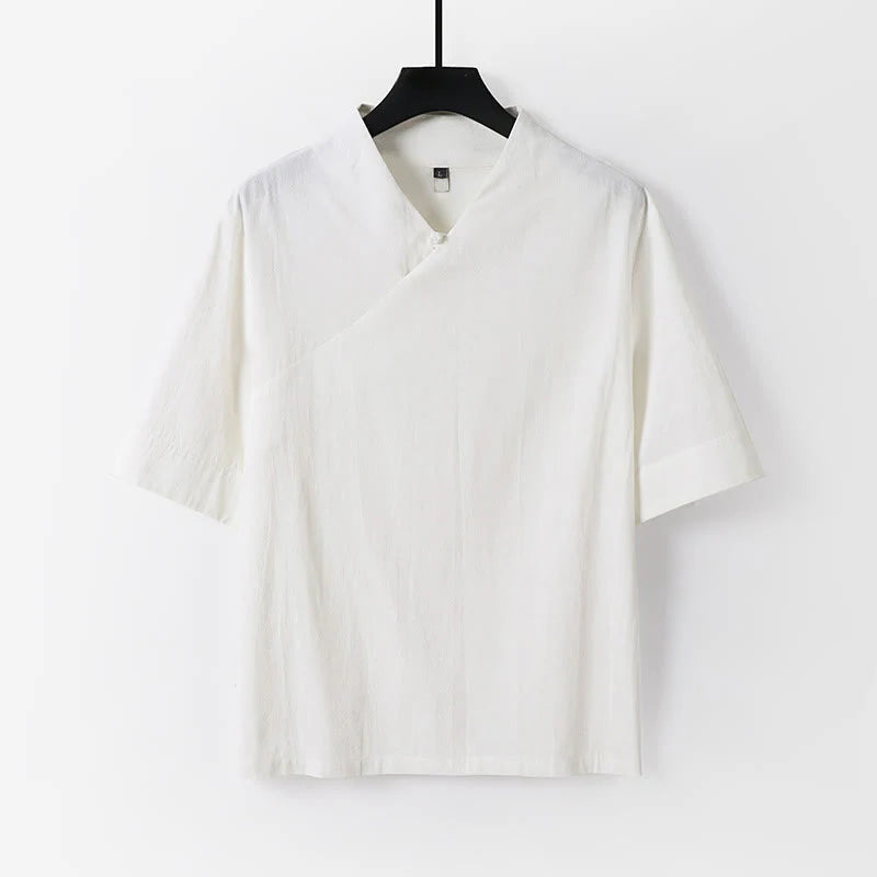 Buddha Stones Summer Simple V-Neck Short Sleeve Cotton Linen Men's Shirt