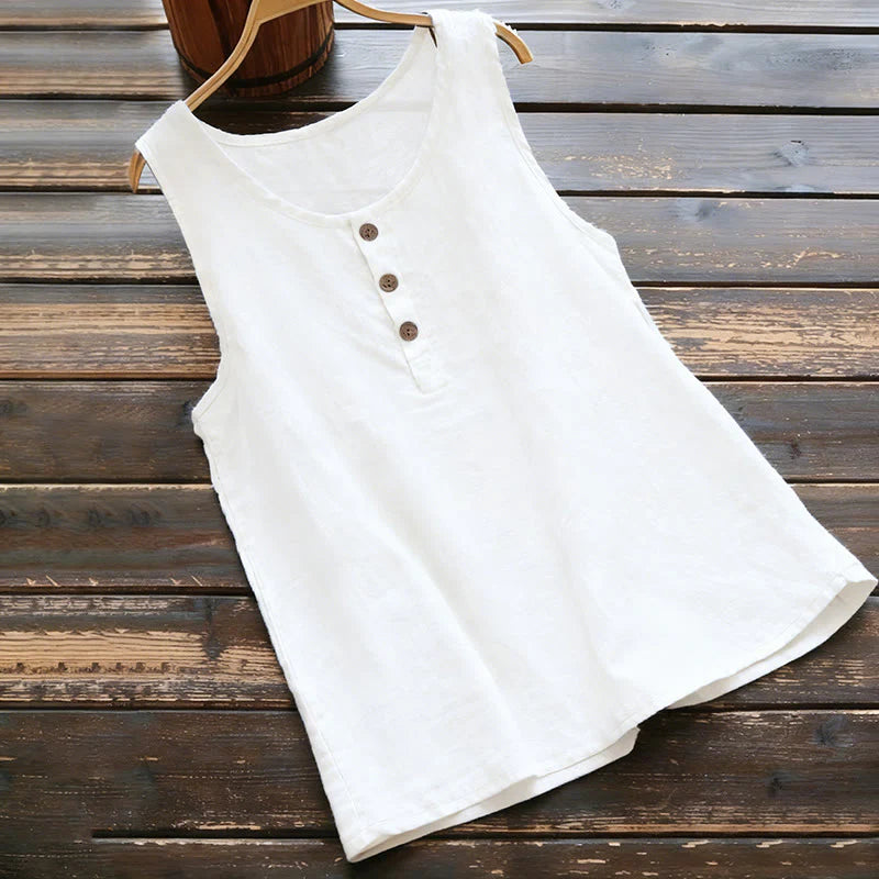 Buddha Stones Summer Pure Color Crew Collar Button Women's Vest Waistcoat