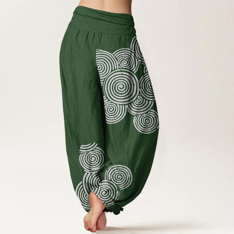 Buddha Stones Printed White Spiral Pattern Women's Elastic Waist Harem Pure Cotton Pants