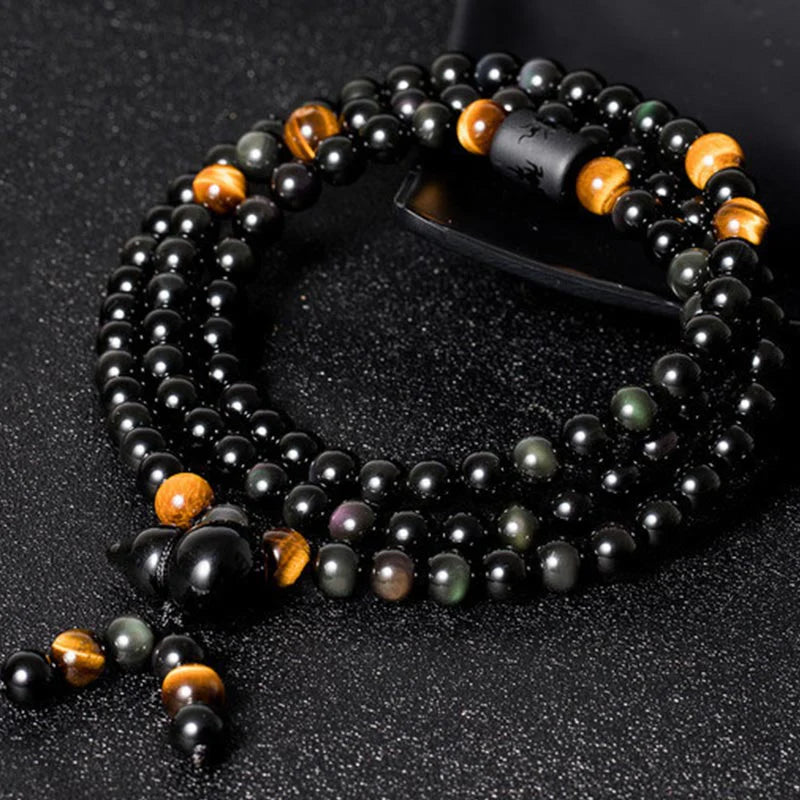 Buddha Stones Natural Black Obsidian Rainbow Obsidian Gourd Blessing Bracelet Mala