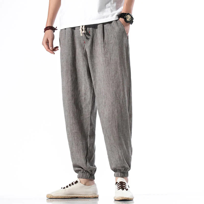 Buddha Stones Casual Solid Color Drawstring Linen Men's Pants With Pockets