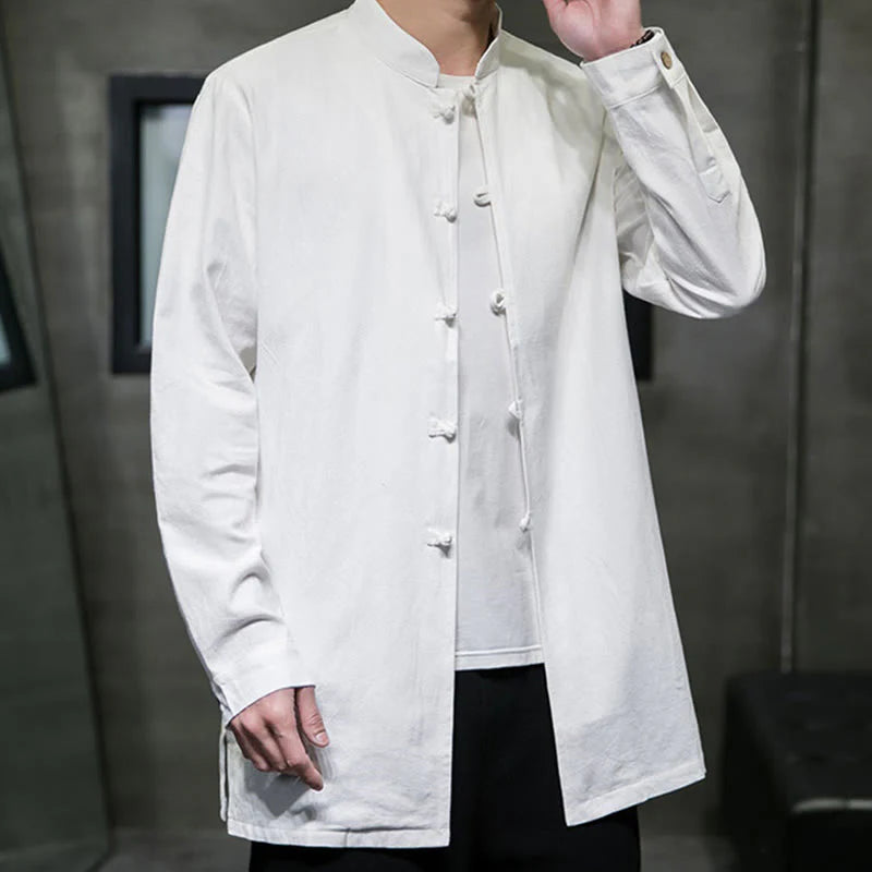 Buddha Stones Simple Tang Suit Plain Chinese Frog-Button Men's Cotton Long Sleeve Jacket Shirt