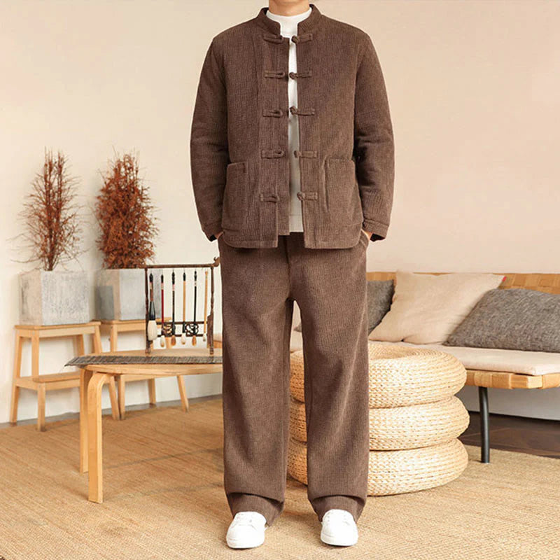 Buddha Stones 2Pcs Winter Solid Men's Tang Suit Frog-Button Cotton Long Sleeve Jacket Pants Set With Pockets
