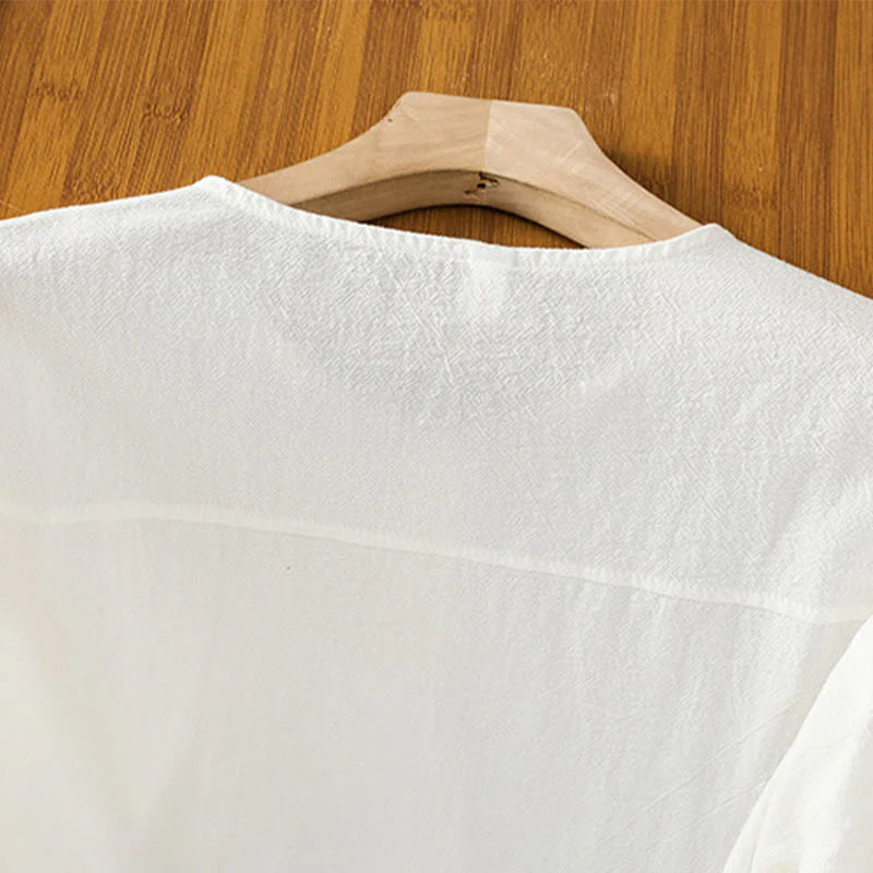 Buddha Stones Casual Plain Buttons Half Sleeve Women's Cotton Linen Shirt With Pocket