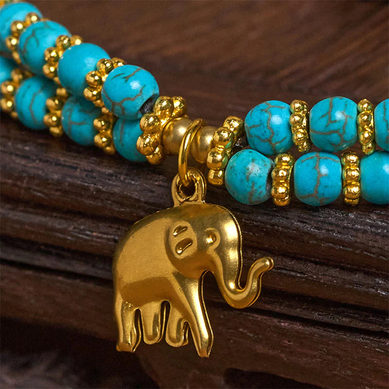 Buddha Stones Turquoise Elephant Luck Double-layer Plated Copper Strength Bracelet