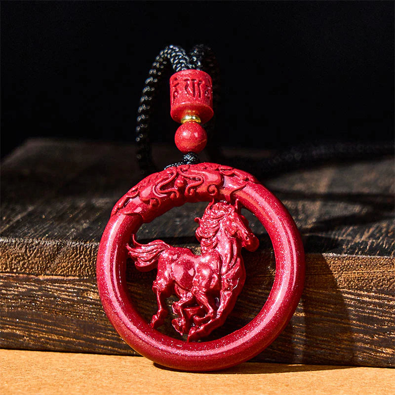 Buddha Stones Year Of The Horse Carving Peace Buckle Natural Cinnabar Concentration Necklace Pendant