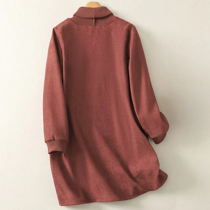 Buddha Stones Winter High Neck Warm Cotton Women's Long Sleeve Midi Dress With Pockets