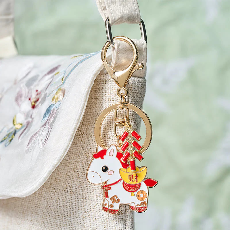 Buddha Stones Hoping You Have a Joyful Year Year of the Horse Ingot Red Firecrackers Alloy Key Chain Includes Gift Message Card