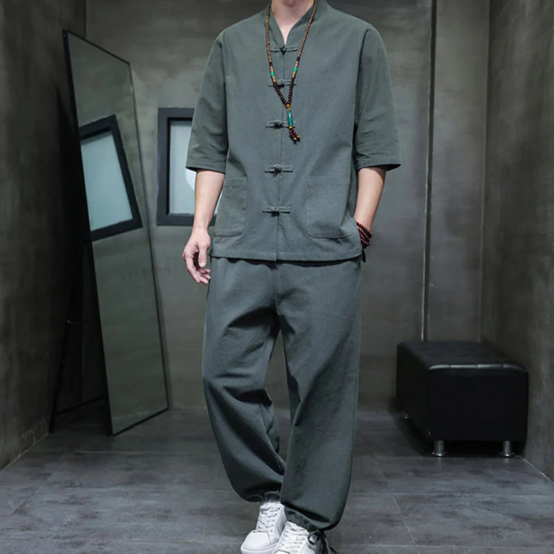 Buddha Stones 2Pcs Tang Suit Frog-Button Design Shirt Pants With Pockets Men's Cotton Linen Meditation Cloth Set