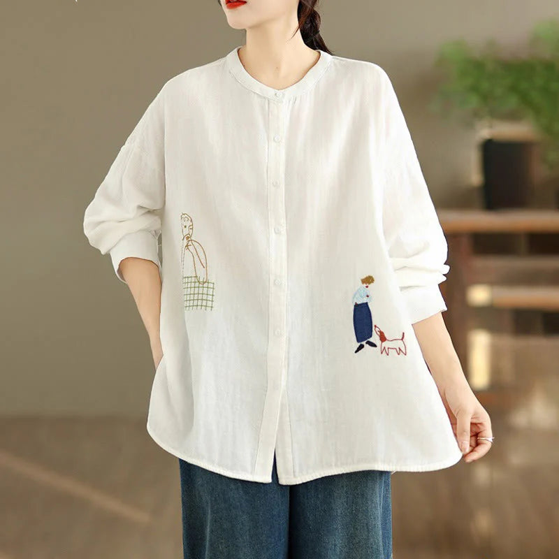 Buddha Stones Fall Embroidery Human Figure Dog Pattern Round Neck Buttons Women's Long Sleeve Shirt