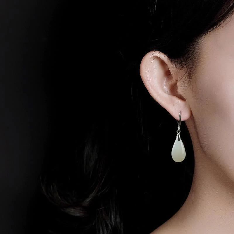 Buddha Stones Hetian White Jade Water Drop Luck Blessing Dangle Earrings (Extra 30% Off | USE CODE: FS30)