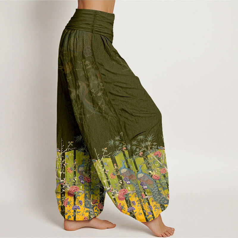 Buddha Stones Cotton Gorgeous Peacock Flower Pattern Women's Elastic Waist Harem Pants