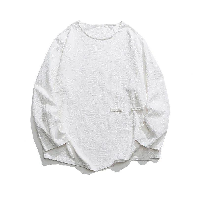 Buddha Stones Men's Chinese Frog-Button Plain Design Cotton Long Sleeve T-Shirt Zen Clothing