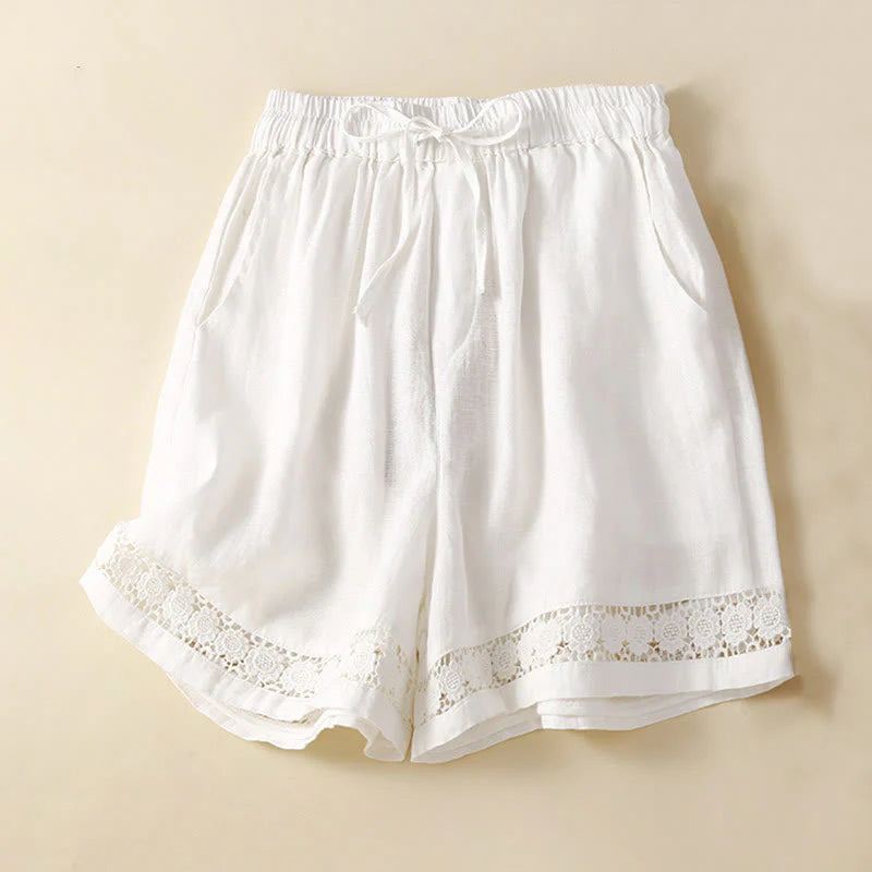 Buddha Stones Plain Color Bottom Hollow Lace Design Lace-up Cotton Women's Shorts With Pockets