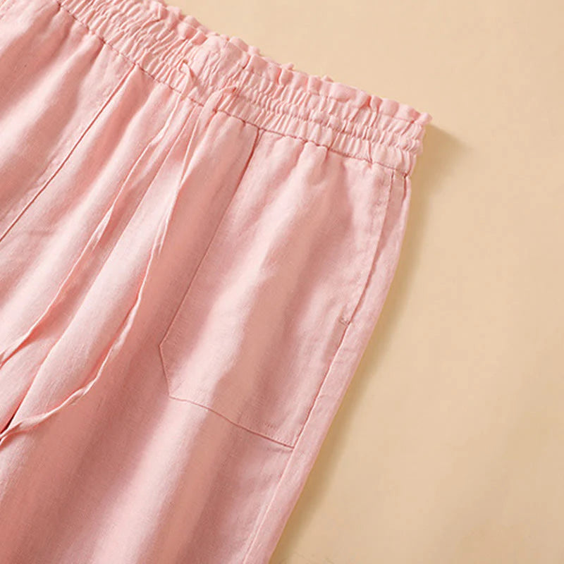 Buddha Stones Casual Straight Leg Design Cotton Women's 7-8 Length Wide Leg Pants With Pockets