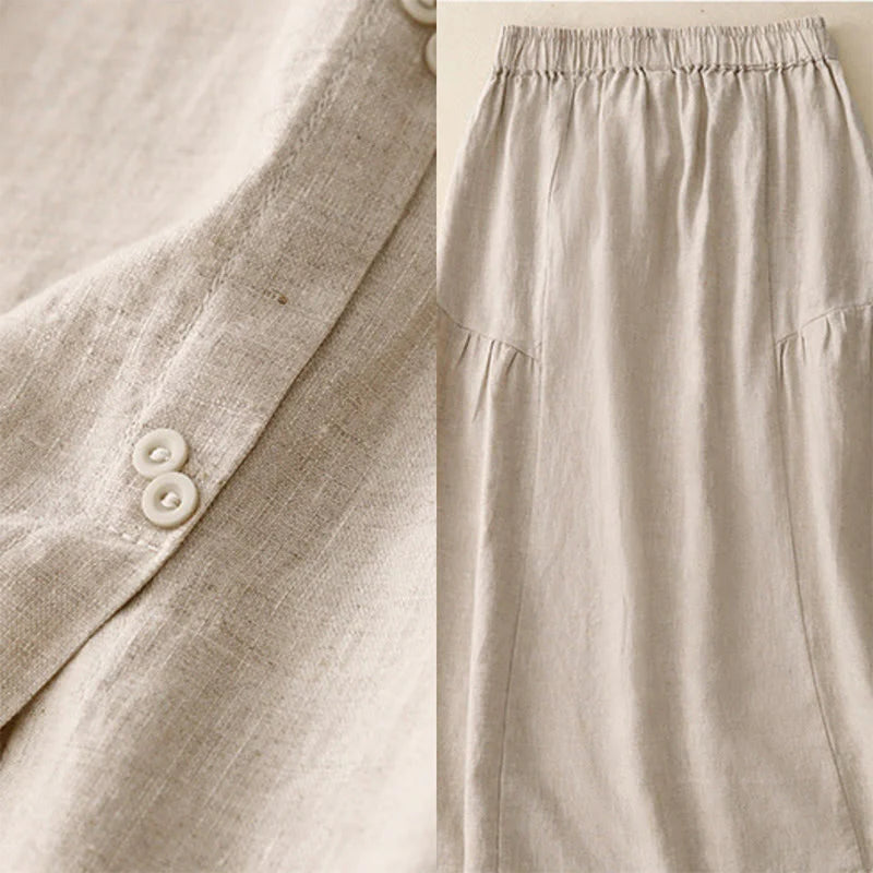 Buddha Stones A-line Buttons Slit Design Elastic Waist Cotton Women's Skirt With Pockets