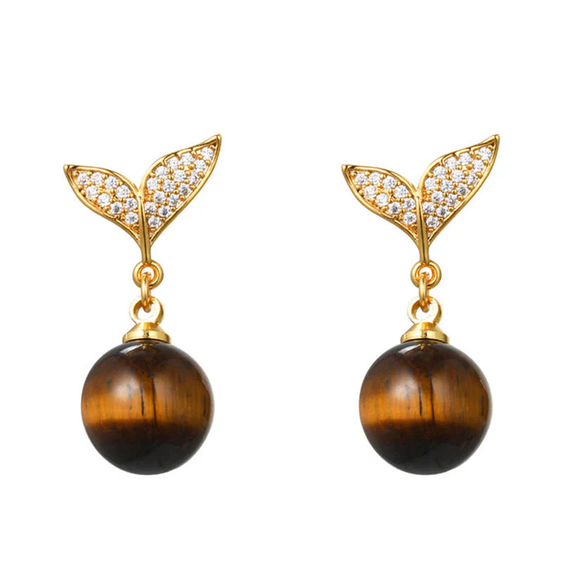 Buddha Stones Tiger Eye Round Bead Fish Tail Irregular Design Protection Earrings