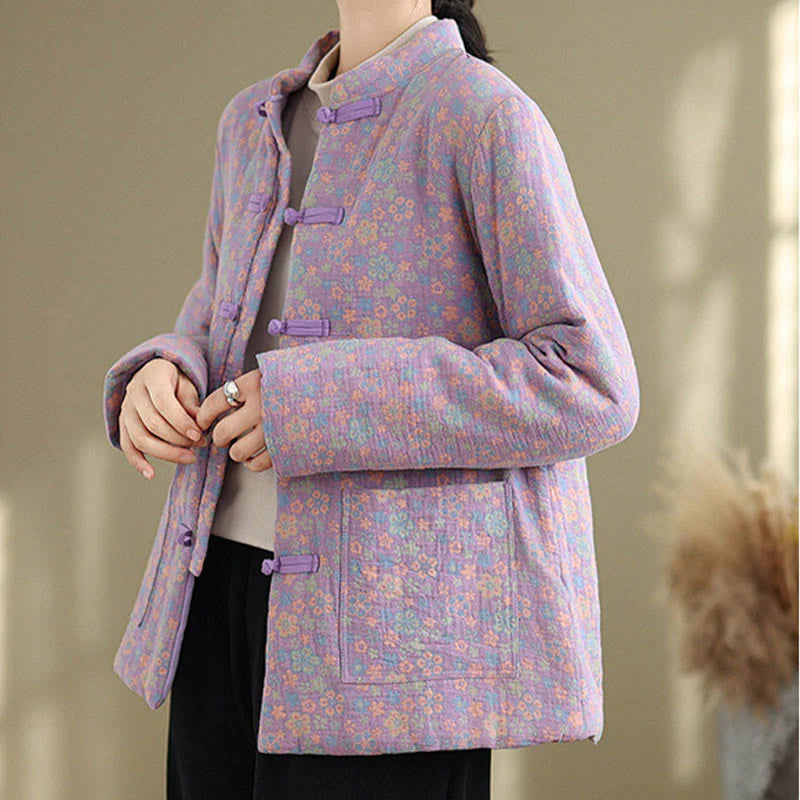 Buddha Stones Women's Winter Thicken Cotton Floral Pattern Long Sleeve Jacket With Pockets