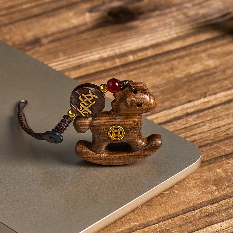 Buddha Stones Year of the Horse Rainbow Eucalyptus Small Leaf Red Sandalwood Linden Wood Ebony Carved Positive Key Chain