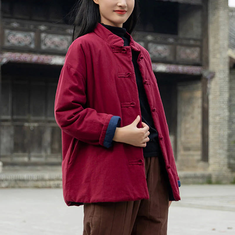 Buddha Stones Winter Solid Frog-Button Long Sleeve Cotton Women's Thermal Jacket With Pockets