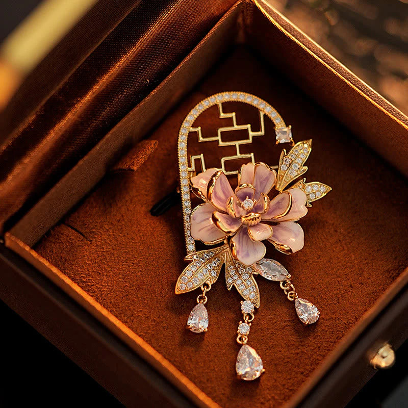 Buddha Stones Chinese-style Window Purple Peony Flower Tassel Copper Brooch