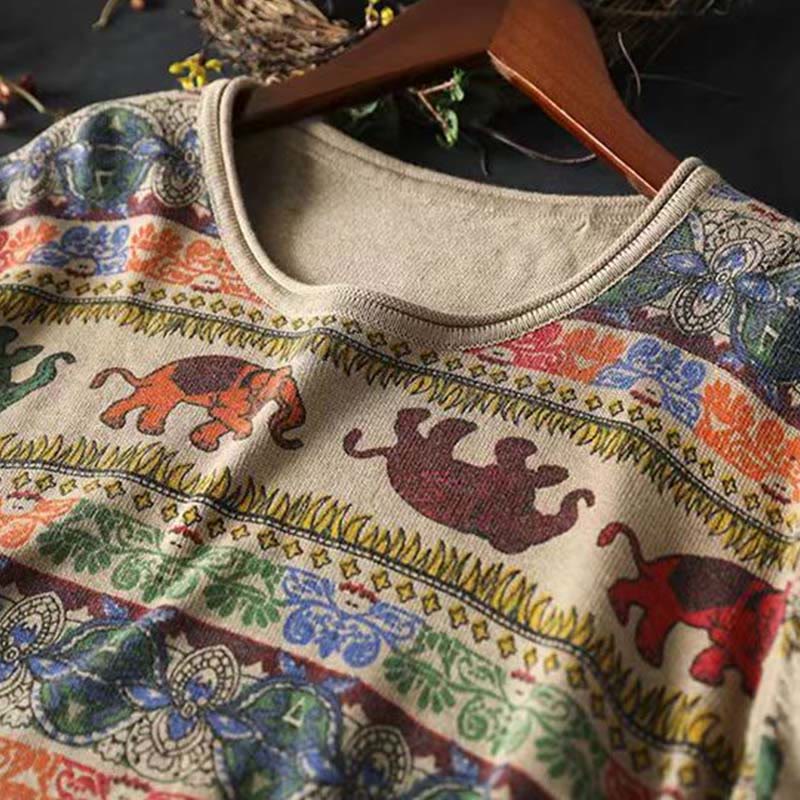 Buddha Stones Fall Elephant Pattern Knitted Cotton Women's Long Sleeve Sweater With Pockets