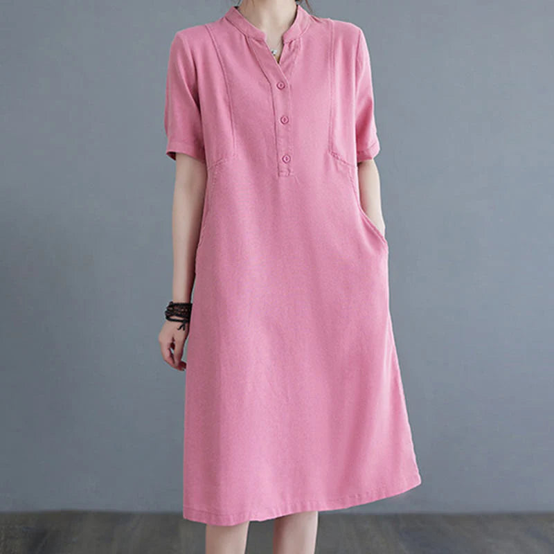 Buddha Stones Casual Daily Pure Color Button Design Short Sleeve Cotton Linen Midi Dress With Pockets