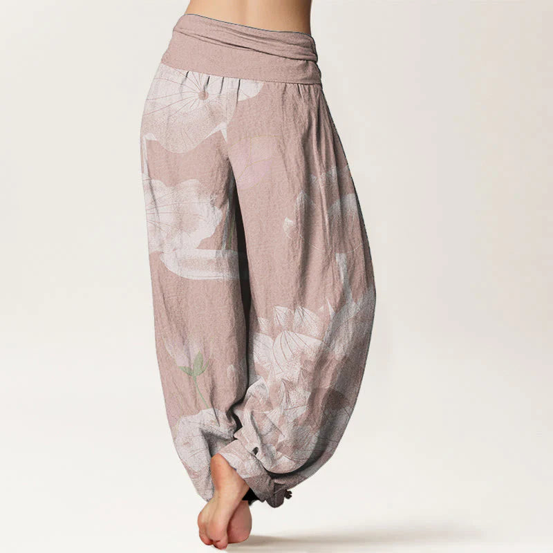 Buddha Stones Cotton Pink And White Lotus Women's Elastic Waist Harem Pants