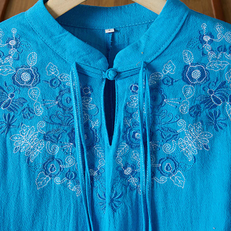 Buddha Stones Vintage Embroidery Frog-button Half Sleeve High Waist Cotton Linen Women's Midi Dress