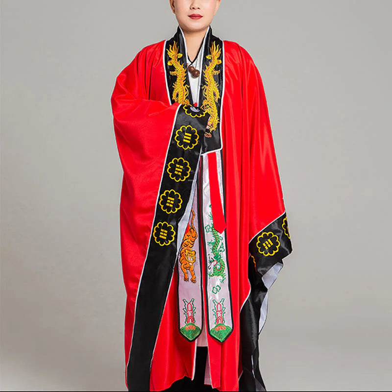 Buddha Stones Wudang Embroidery Dragon Tiger Long Wide Sleeve Unisex Taoist Robe Kimono For Qigong Ceremony