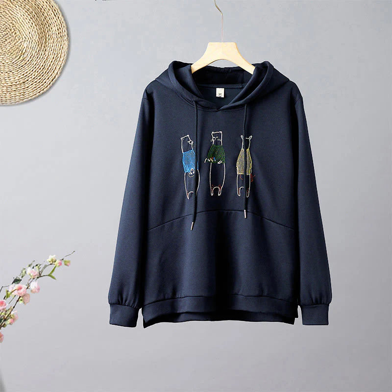 Buddha Stones Fall Embroidery Bear Long Sleeve Women's Hoodie