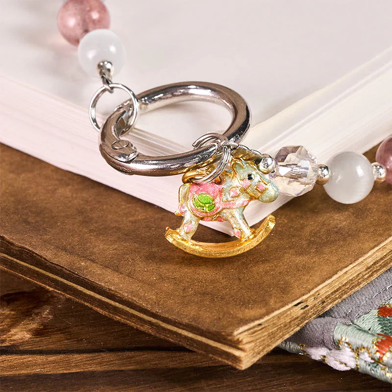 Buddha Stones Year of the Horse Strawberry Quartz White Cat's Eye Key Chain Phone Hanging Decoration