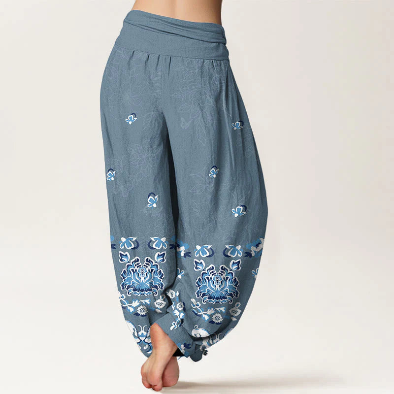 Buddha Stones Pure Cotton Elegant Classic Flower Butterfly Pattern Women's Elastic Waist Harem Pants